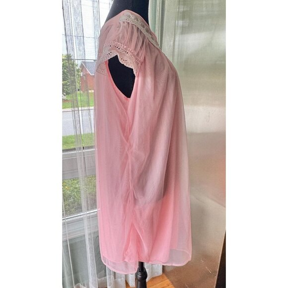 Vintage 1960s nightgown, pink sheer negligee, trapeze swing, short peignoir - Picture 7 of 9